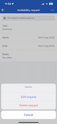 The options menu on an unavailability request showing the option to edit the time off request